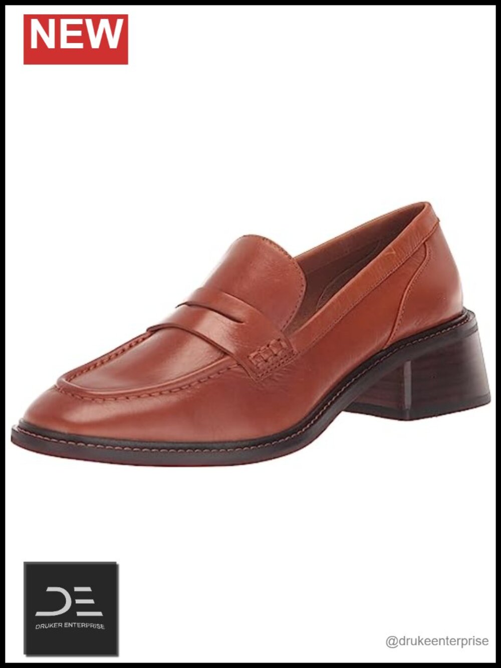Leather Block Heel Loafer Slip On Almond Toe Women's Shoe